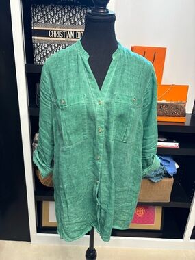 100% Linen Green Button-Front Tunic Shirt
